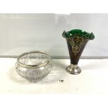 HALLMARKED SILVER RIMMED CUT GLASS FRUIT BOWL, 19 CMS DIAMETER, AND GILT AND ENAMELLED GREEN GLASS