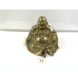 A HEAVY CHINESE POLISHED BRONZE FIGURE OF A SEATED BUDDHA. 20CMS.