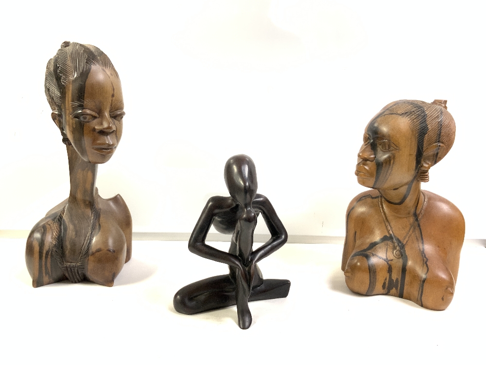 FOUR CARVED WOODEN AFRICAN BUSTS, 30 CMS TALLEST, AND TWO FIGURES. - Image 3 of 3