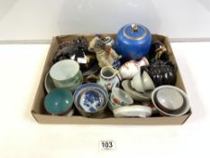 CHINESE BLUE AND GILT DECORATED JAR AND COVER, CHINESE PORCELAIN TEA BOWLS, THREE BROWN GLAZED