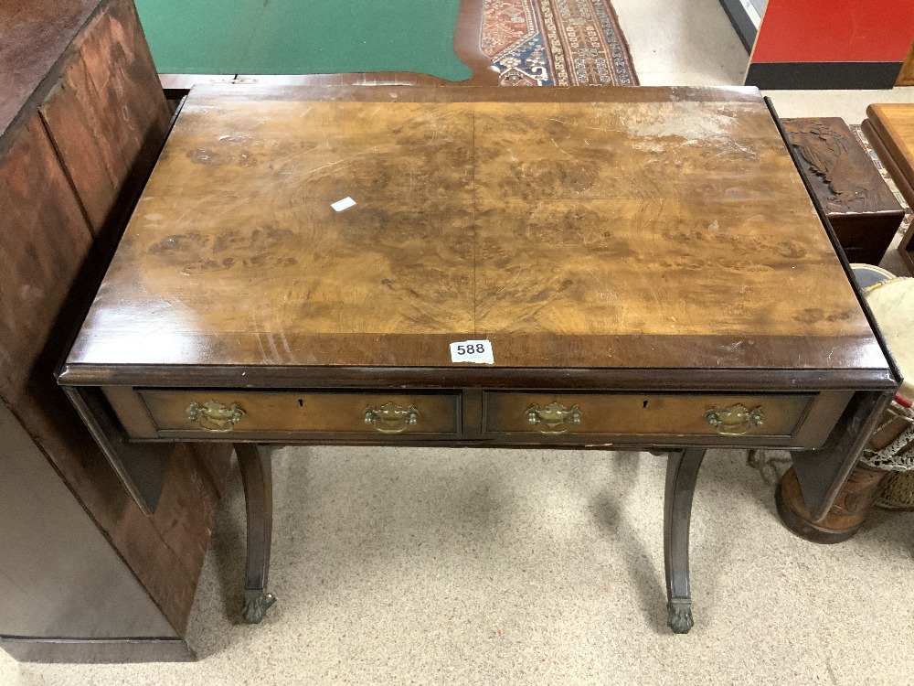 WALNUT AND MAHOGANY DROP END SOFA TABLE WITH TWO DRAWERS WITH BRASS PAW FEET ON ORIGINAL CASTORS - Image 2 of 4