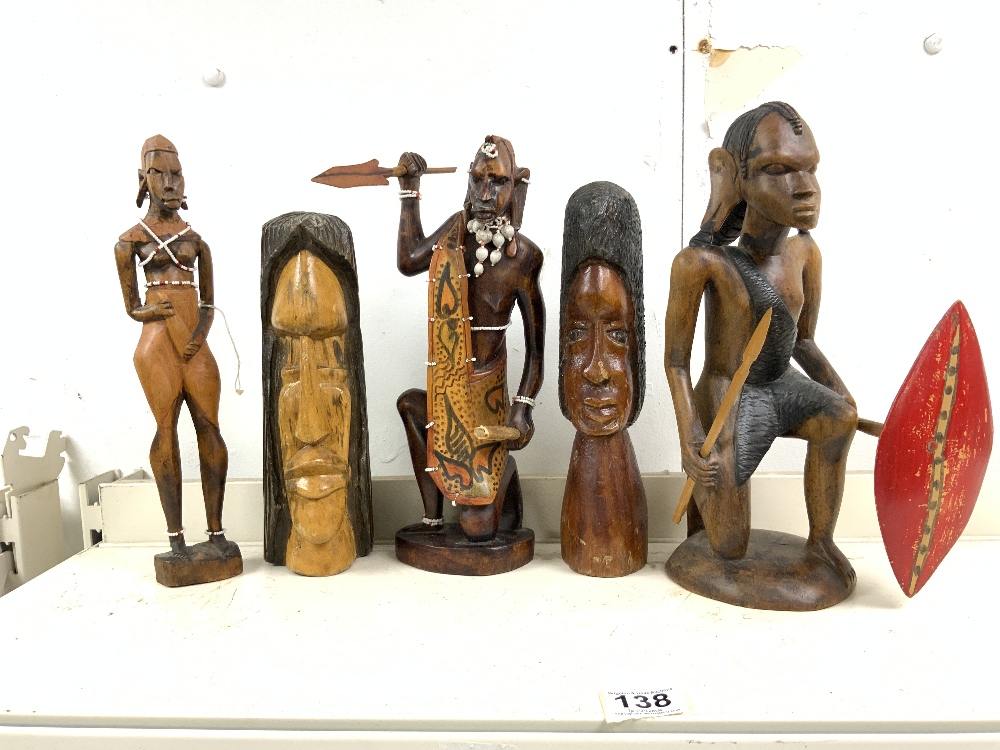 THREE CARVED WOODEN TRIBAL FIGURES, AND SEVEN FIGURES, 33CMS TALLEST. - Image 3 of 3