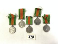 FIVE WW2 DEFENCE MEDALS WITH RIBBONS