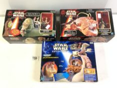 THREE BOXED STAR WARS FIGURES, " JABBA THE HUTT ", OPEE AND QUI-GON JINN, AND JAR JAR BINKS/NABOO.