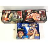 THREE BOXED STAR WARS FIGURES, " JABBA THE HUTT ", OPEE AND QUI-GON JINN, AND JAR JAR BINKS/NABOO.