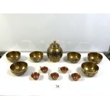 ENAMELLED BRASS JAR AND COVER, AND SIX BOWLS AND FIVE BEATEN COPPER CUPS.