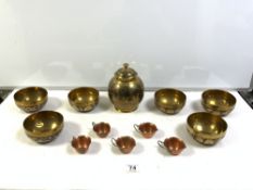 ENAMELLED BRASS JAR AND COVER, AND SIX BOWLS AND FIVE BEATEN COPPER CUPS.