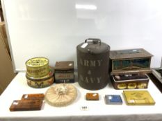 A VINTAGE J&J COLEMAN MUSTARD TIN, ARMY AND NAVY OIL CAN, AVOLIT LIGHTERFUEL CAPSULES TIN AND