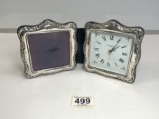HALLMARKED SILVER FRAMED SQUARE HINGED CLOCK/PHOTO FRAME.