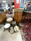 QUANTITY OF VINTAGE DRUMS WITH ANIMAL SKIN AFRICAN LARGEST 87CM