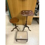 TWO ANTIQUE MAHOGANY TRIPOD LEG WINE TABLES 72.5 CM HIGH AND 51CM AND FOOT STOOL