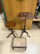 TWO ANTIQUE MAHOGANY TRIPOD LEG WINE TABLES 72.5 CM HIGH AND 51CM AND FOOT STOOL