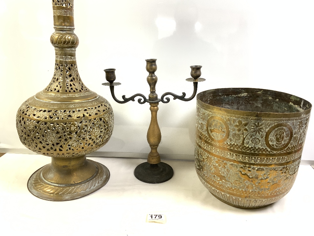 A INDIAN TALL PIERCED AND ORNATE BRASS VASE, 66CMS, AND ENGRAVED INDIAN BRASS JARDINERE, AND A THREE - Image 3 of 3