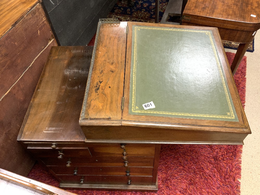 VICTORIAN ROSEWOOD SLIDING TOP DAVENPORT WITH SLIDE AND FOUR DRAWS AND GREEN TOOLED LEATHER AND - Image 8 of 8