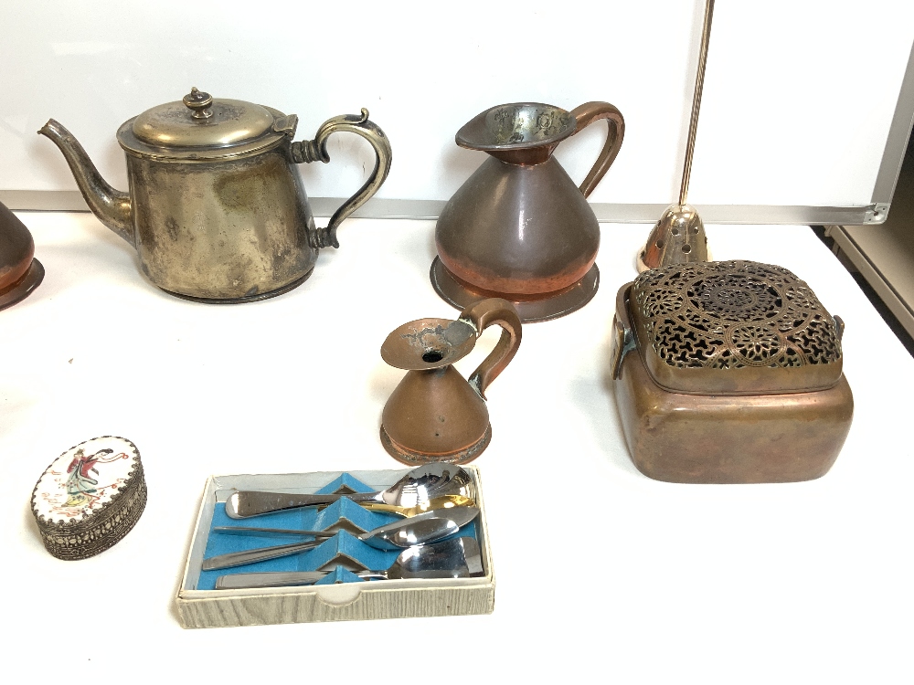 A QUANTITY OF MIXED METALWARE, CHINESE HAND-WARMERS, A GRADUATING SET OF SMALL COPPER JUGS, PLATED - Image 3 of 7