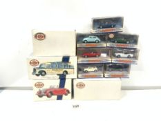 FOUR BOXED DINKY COLLECTABLE, VEHICLES - TWO TRIUMPH 1939 DOLOMITE, MERCEDES BENZ, OMNIBUSES, AND