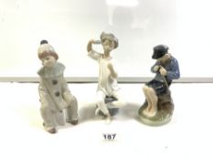 A ROYAL COPENHAGEN PORCELAIN FIGURE OF A FISHING BOY WITH ROD, [905] 19CMS, AND TWO LLADRO FIGURES