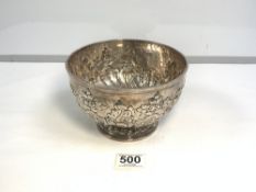 A VICTORIAN HALLMARKED SILVER PEDESTAL PUNCH BOWL, WITH EMBOSSED FOLIAGE DESIGN, MAKER GOLDSMITHS