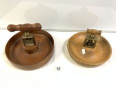 TWO VINTAGE WOODEN NUT BOWLS WITH COMBINATION SCREW NUT CRACKERS.