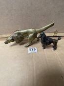 BRONZE MODEL OF A POODLE 10CM WITH A ART DECO GILT METAL DOG 20 CM