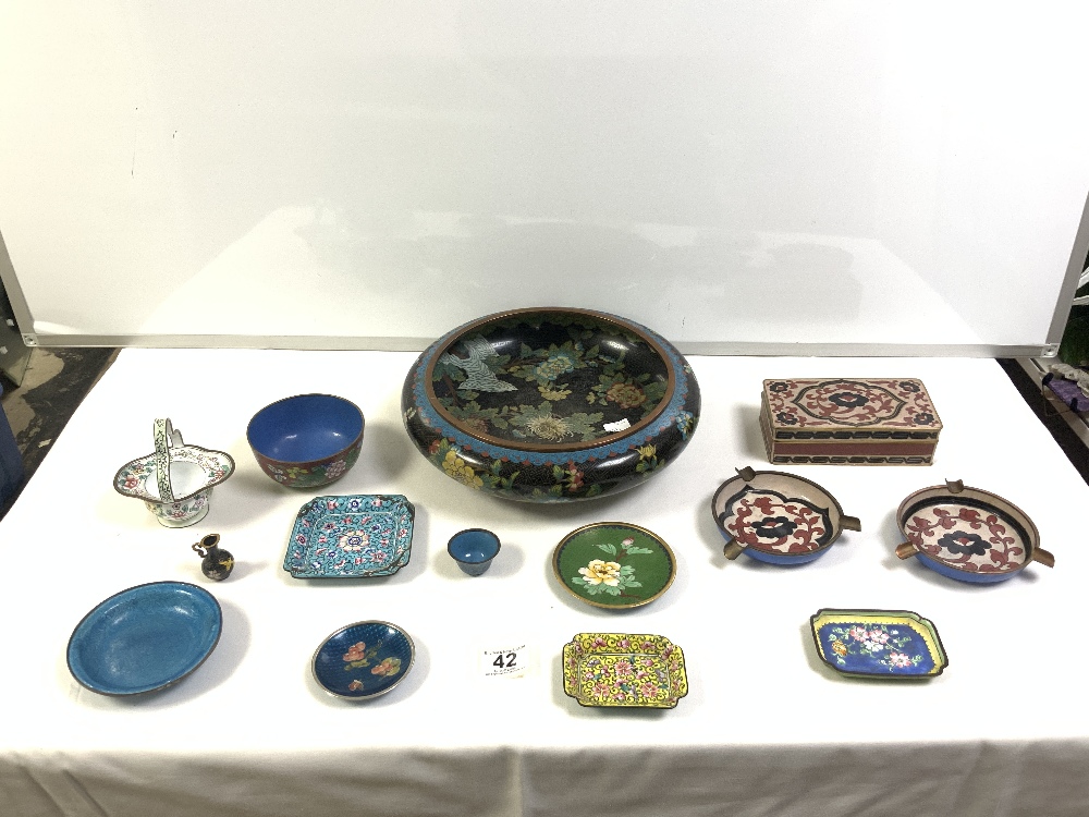 CHINESE CLOISONNE CIRCULAR BOWL, 30 CMS DIAMETER, CLOISONNE RICE BOWL, AND OTHER CLOISONNE AND