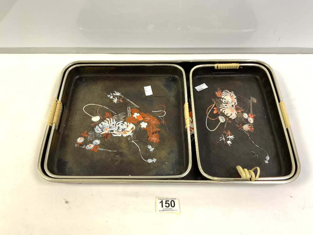 A SET OF THREE ORIENTAL LACQUERED TRAYS. A/F.