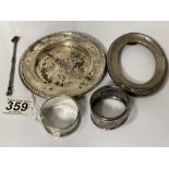 HALLMARKED SILVER/WHITE METAL INCLUDES PHOTO FRAME AND NAPKIN RINGS AND MORE