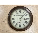 A VICTORIAN CIRCULAR MAHOGANY CASED WALL CLOCK, WITH PAINTED DIAL, BY JOHN BENNETT.