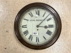 A VICTORIAN CIRCULAR MAHOGANY CASED WALL CLOCK, WITH PAINTED DIAL, BY JOHN BENNETT.