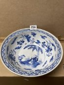 19TH CENTURY CHINESE BLUE AND WHITE BOWL DECORATED WITH FIGURES AND FLOWERS 28CM DIAMETER