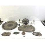 FOUR EASTERN WHITE METAL TRAYS, SILVER MOUNTED SCENT BOTTLE, AND A PLATED BOWL AND COVER.