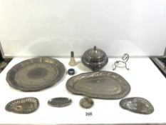 FOUR EASTERN WHITE METAL TRAYS, SILVER MOUNTED SCENT BOTTLE, AND A PLATED BOWL AND COVER.