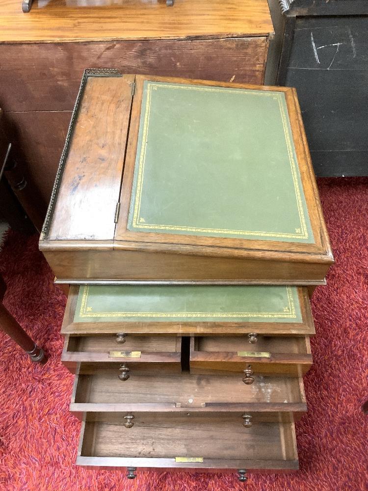 VICTORIAN ROSEWOOD SLIDING TOP DAVENPORT WITH SLIDE AND FOUR DRAWS AND GREEN TOOLED LEATHER AND - Image 7 of 8