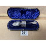 VICTORIAN HALLMARKED SILVER ENGRAVED CHRISTENING SPOON AND NAPKIN RING CASED BY HILLARD AND