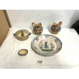 A QUIMPER SHALLOW BOWL AND TWO JUGS AND TWO OTHER PIECES.