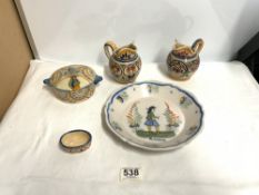 A QUIMPER SHALLOW BOWL AND TWO JUGS AND TWO OTHER PIECES.