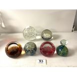 TWO MDINA GLASS PAPERWEIGHTS, TWO CAITHNESS PAPERWEIGHTS, MILIFIORI PAPERWEIGHT AND BUBBLE GLASS