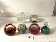 TWO MDINA GLASS PAPERWEIGHTS, TWO CAITHNESS PAPERWEIGHTS, MILIFIORI PAPERWEIGHT AND BUBBLE GLASS