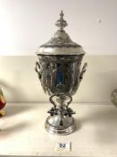 A SILVER PLATED BRITANNIA METAL TWO HANDLED SAMOVAR, WITH ENGRAVED DECORATION. 40CMS.