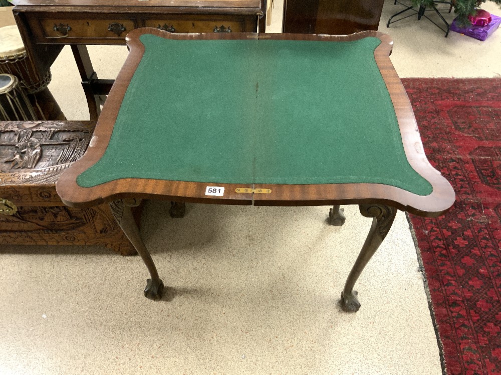 VINTAGE MAHOGANY FOLDING CARD TABLE ON BALL AND CLAW FEET