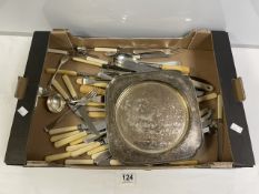 A QUANTITY OF MIXED PLATED CUTLERY AND A PLATED BREAD PLATE.