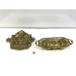 TWO ORNATE BRASS DOUBLE INKSTANDS.