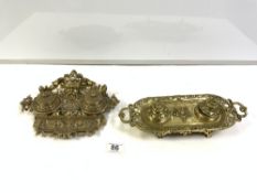 TWO ORNATE BRASS DOUBLE INKSTANDS.