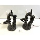 A PAIR OF PLASTER BRONZE EFFECT ART DECO STYLE FEMALE FIGURAL TABLE LAMPS. 33CMS.