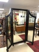 LARGE FRENCH PROVINCIAL ANTIQUED BLACK PAINTED FLOOR STANDING DRESSING MIRROR,RECTANGULAR CENTRAL