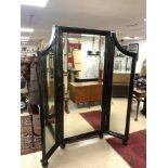 LARGE FRENCH PROVINCIAL ANTIQUED BLACK PAINTED FLOOR STANDING DRESSING MIRROR,RECTANGULAR CENTRAL