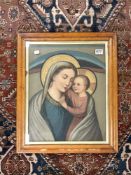 ANTIQUE OIL ON CANVAS MADONNA AND CHILD SIGNED SABELA FRAMED AND GLAZED 63 X 52CMS