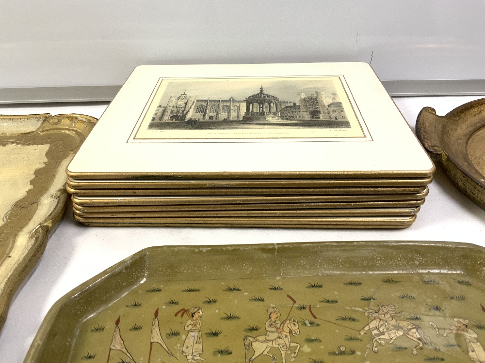 TWO GILT DECORATED TEA TRAYS, A SMALL LAQUERED INDIAN TRAY AND SET OF EIGHT SCENIC PLACE MATS. - Image 3 of 5