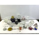 A QUANTITY OF GLASS PAPERWEIGHTS VARIOUS, AND A CRYSTAL BALL ON DRAGON STAND.