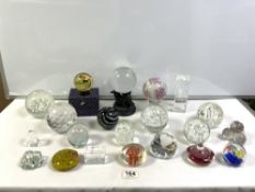 A QUANTITY OF GLASS PAPERWEIGHTS VARIOUS, AND A CRYSTAL BALL ON DRAGON STAND.